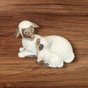 Vintge Homco Mama  Baby Lamb Figurine  1411 Porcelain Farm Animals Rustic Decor